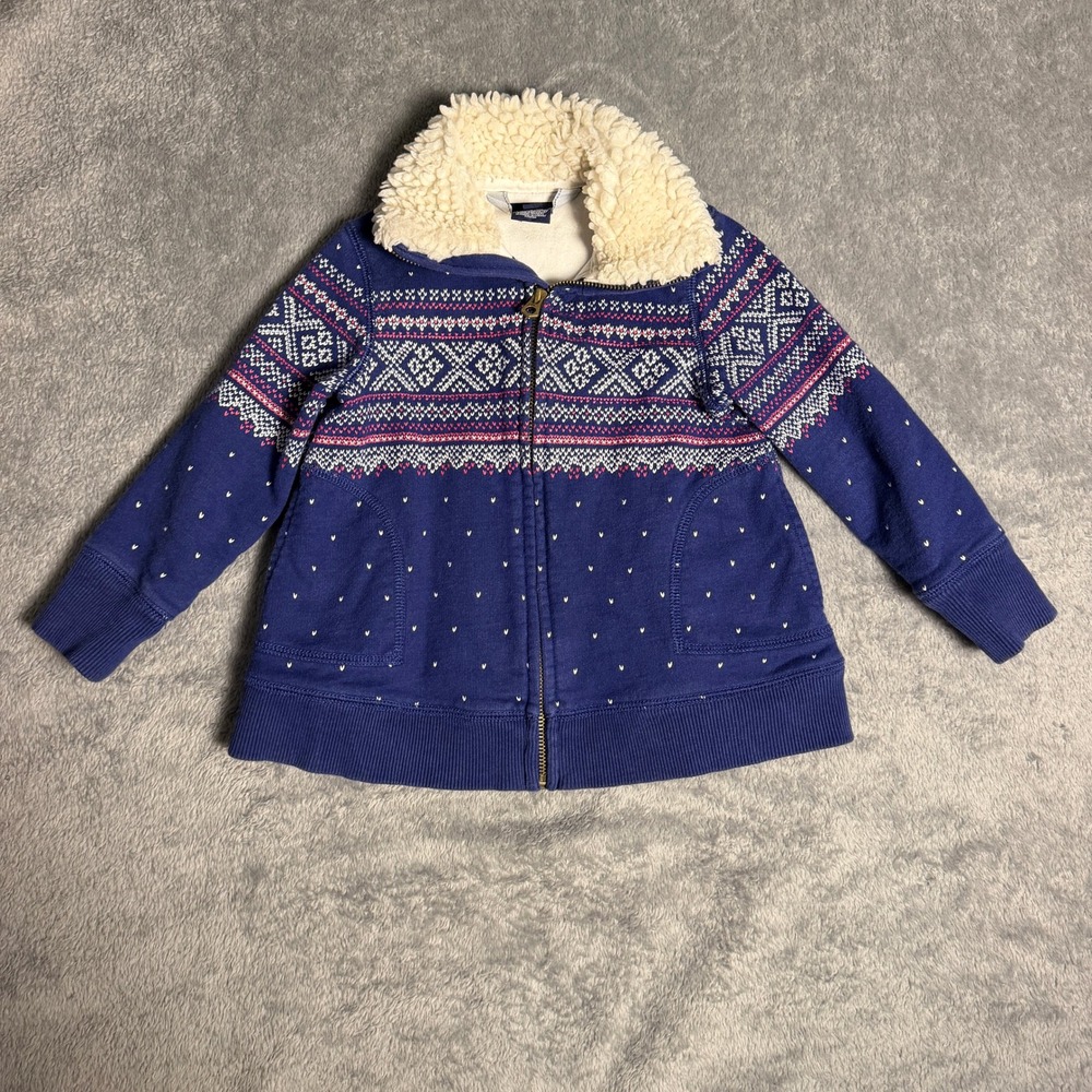 Ralph Lauren Girls 3T Blue Fair Isle Full Zip Sweater Faux Fur Collar Jacket